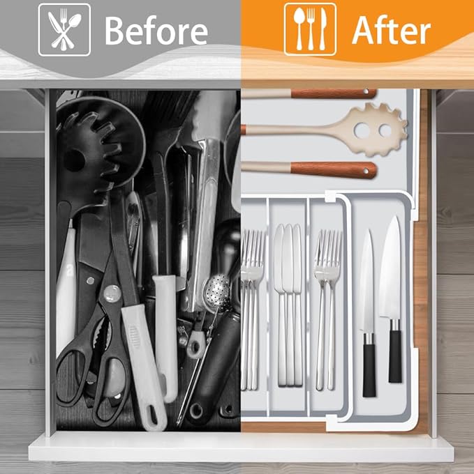Homecor Kitchen Drawer Organizer, Expandable Silverware Drawer Organizer, Adjustable Utensil Organizer Tray, Cutlery Organizer for Forks, Knives, Kitchen Organizers and Storage, Grey-NeatNest