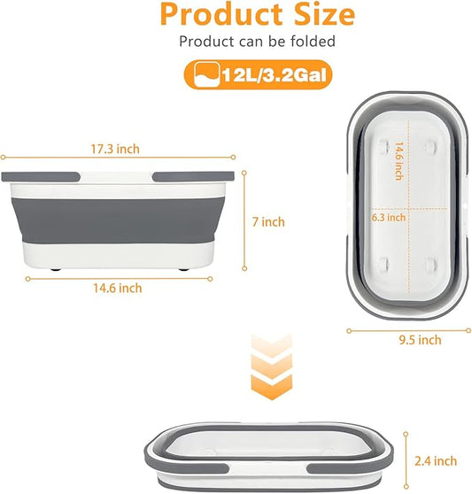 Collapsible Plastic Bucket with Wheels 12L (3.17 Gallon) for House Cleaning, Camping, and RV - Multi-Purpose Rectangular Handy Basket for Cleaning Mop - Lightweight and Portable (Grey)-NeatNest