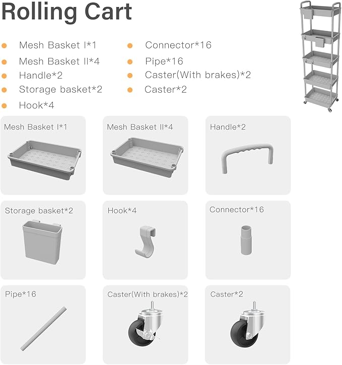 5 Tier Rolling Utility Cart with Handle,REBECAT Utility Cart Made of Multifunctional Storage Organizer Tool for Kitchen,Bathroom,Living Room,Office(Gray)-NeatNest