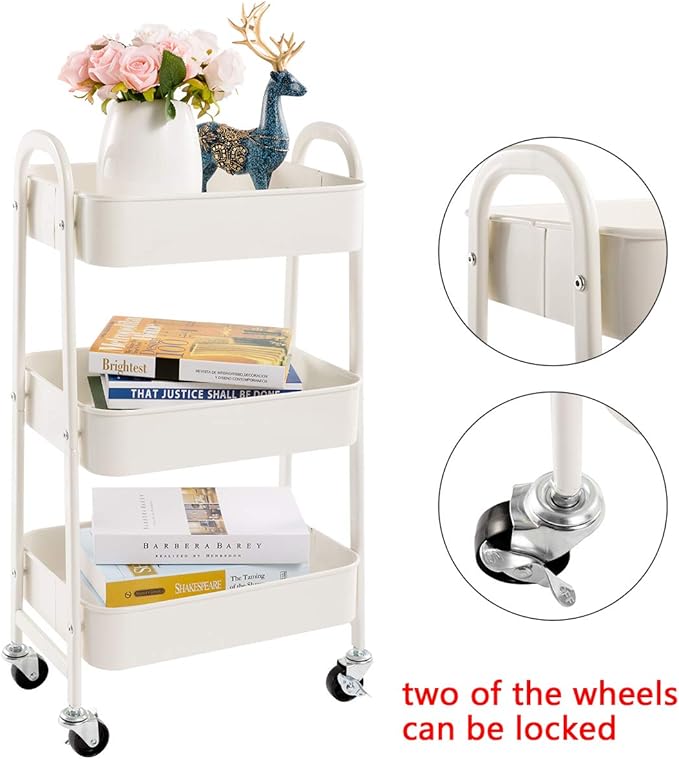 AGTEK Makeup Cart, Movable Rolling Organizer Cart, White 3 Tier Metal Utility Cart-NeatNest