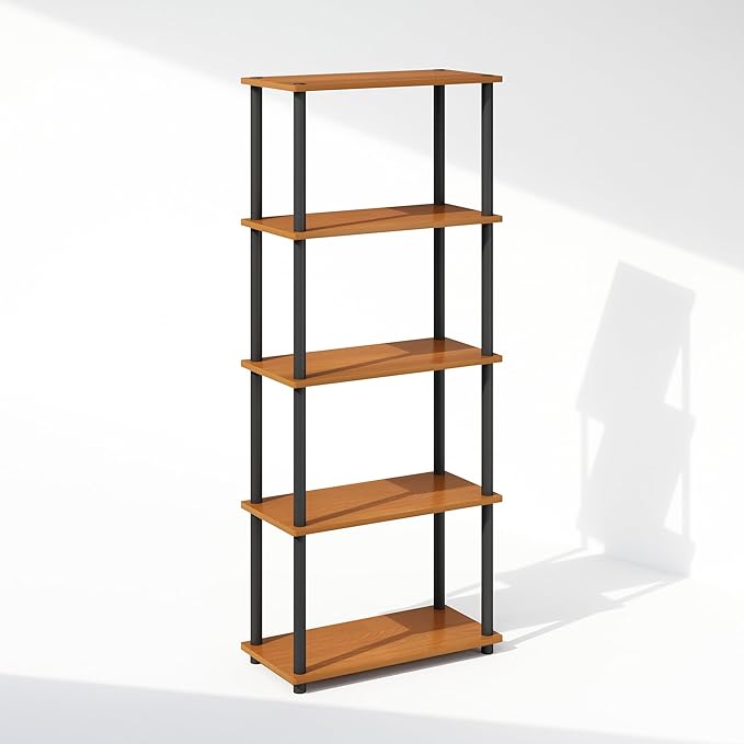 Furinno Turn-N-Tube 5-Tier Multipurpose Compact Bookcase, Light Cherry/Black-NeatNest