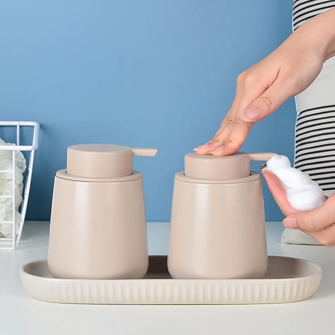 BosilunLife Foam Hand Soap Dispenser - 12 oz Bathroom Lotion Pump for Kitchen and Hand Wash - Khaki Ceramic Dish Liquid Dispenser-NeatNest