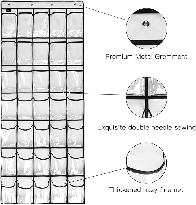 1 Pack 35 Clear Crystal Pockets Large Hanging Shoe Organizer Over The Door Shoe Rack for Closet Door Storage Shoe Holder Hanger, 4Hooks, white (67.7'' x 26.4'')-NeatNest