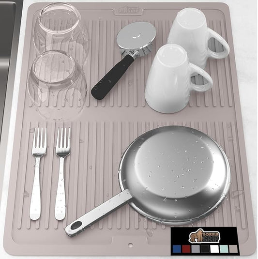 GORILLA GRIP 100% BPA-Free Patented Silicone Dish Drying Mat for Kitchen Counter, 18x24 Inch, Water Catching Ribbed Design, Easy Clean Waterproof Sink Liner, Heat Resistant, Fits Under Rack, Almond