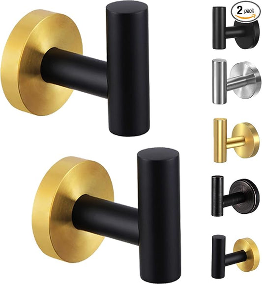 Kruodop Towel Hooks for Bathroom,2 Packs Wall Mount Towel Holder,Blak Gold Matte Wall Robe Hook,Stainless Steel Heavy Duty Door Hanger Towel Hook for Kitchen, Bedroom,Hotel,Pool,Coats