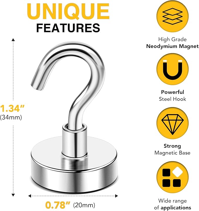 DIYMAG Magnetic Hooks, 50 LB Heavy Duty Magnet with Hooks,20 Packs Strong Rare Earth Neodymium Magnet Hooks for Hanging, Magnetic Hanger for Curtain, Home, Kitchen, Workplace-NeatNest