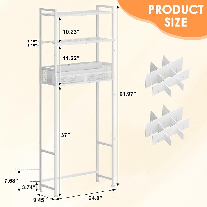 3-Tier Over The Toilet Storage Shelf, Metal Over Toilet Bathroom Organizer with Dividers, Freestanding Bathroom Space Saver Rack with Adjustable Shelf & Feet, White