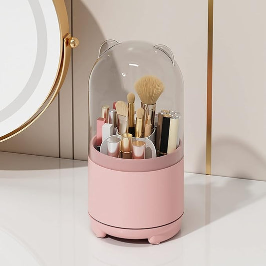 Cute Makeup Brush Holder Organizer with Lid, Rotating Dustproof Make Up Brushes Container with Clear Acrylic Cover for Vanity Desktop Bathroom Countertop-NeatNest