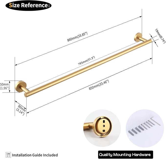 GERZWY Stainless Steel 33-Inch Bathroom Towel Bar Gold Towel Rack Wall Mounted Towel Rail Bath Towel Rod AG1101C85-BE