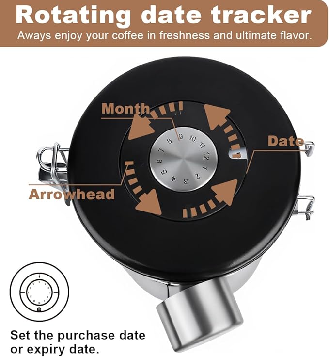 Coffee Canister Airtight Storage Container Stainless Steel Coffee Jar with Scoop,Date Tracker CO2 Release Valve for Dry Food Beans Ground Tea Flour Cereal and Sugar (1.8L Grey-Brown With Spoon)-NeatNest