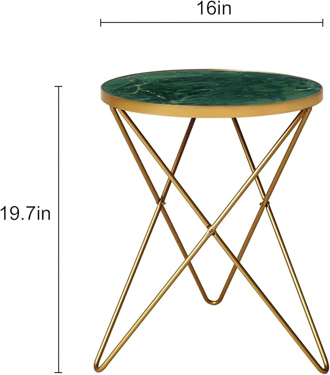 HLR Modern Round Side Table Set of 2, End Table with Marble Effect Top and Gold Metal Frame, Small Side Table for Living Room, Bedroom, Sofa and Couch, Gold Legs, Green Marble top