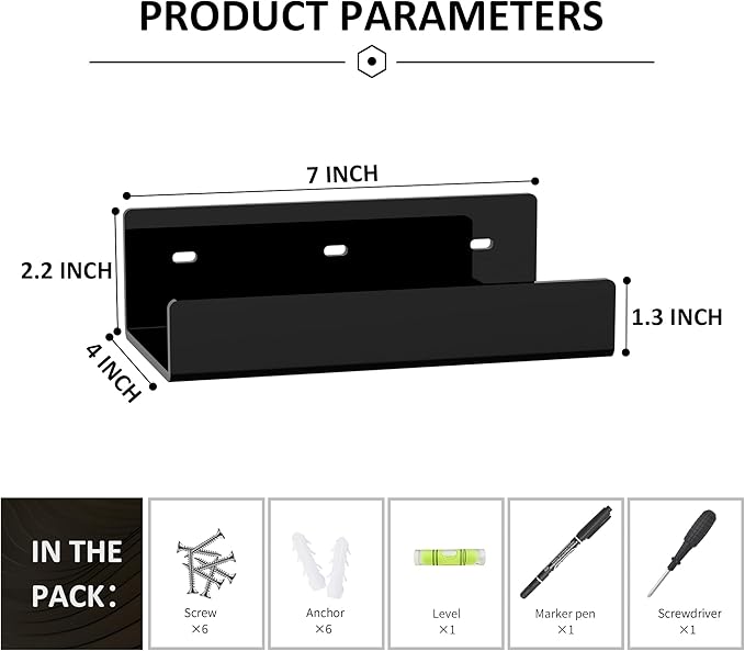 7 Inches Black Acrylic Wall Shelves for Home Décor, 2 Pack, Acrylic Dining Room Organizer Shelves for Wall, Wall Mounted Storage Display Shelf-NeatNest