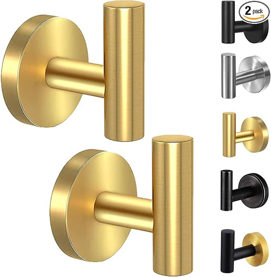 Kruodop Towel Hooks for Bathroom,2 Packs Wall Mount Towel Holder,Gold Matte Wall Robe Hook,Stainless Steel Heavy Duty Door Hanger Towel Hook for Kitchen, Bedroom,Hotel,Pool,Coats and Keys
