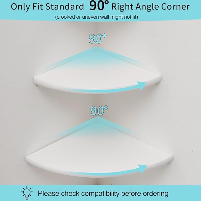 Corner Shelves, White Floating Corner Shelf, Set of 2 12inch Solid Oak Wood Wall Shelves, Round End Wall Mount with Wire Hole for Small Plant for Bedroom Kitchen, Living Room-NeatNest