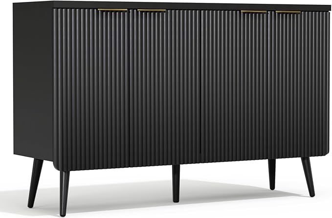 47.2" Sideboard Buffet Cabinet with Storage, Modern Fluted Accent Credenza with 4 Doors, Buffet Media Console Entryway Cabinets with Adjustable Shelves for Living Dining Room Hallway, Black-NeatNest