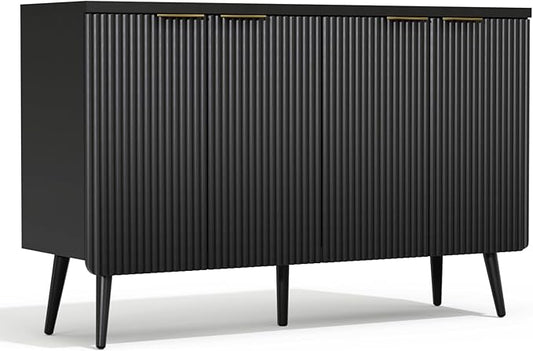 47.2" Sideboard Buffet Cabinet with Storage, Modern Fluted Accent Credenza with 4 Doors, Buffet Media Console Entryway Cabinets with Adjustable Shelves for Living Dining Room Hallway, Black-NeatNest