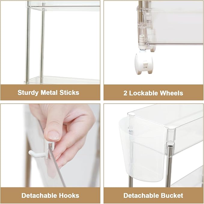 VECELO 3-Tier Acrylic Rolling Cart, Utility Cart for Kitchen Storage, Mobile Shelves Slide-Out Organizers with 2 Lockable Wheels&Hooks for Bathroom Laundry Room Living Room Office, Clear