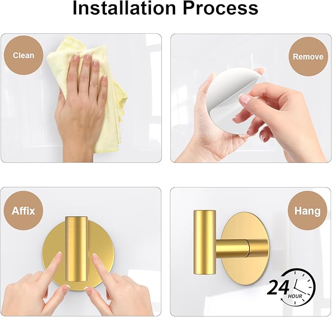 Gold Stainless Steel Wall Hooks, Heavy Duty Self-Adhesive Hooks for Coats, Towels, Robes, Hats, Aprons – No Drill Bathroom, Kitchen, Hotel (2 Pack)