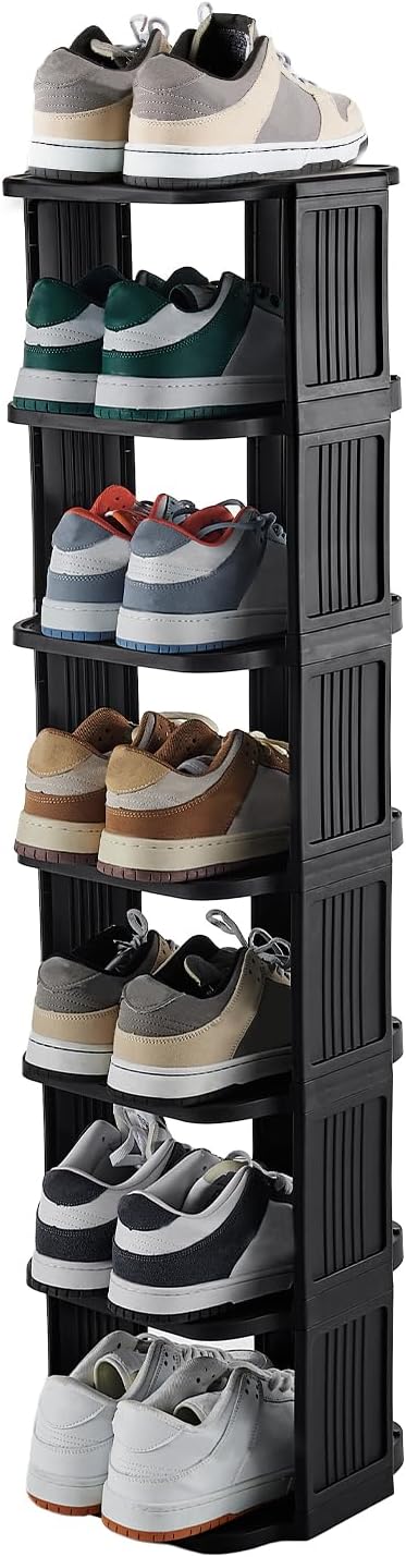 Small Shoe Rack, 7 Tier Plastic Vertical Shoe Rack for Small and Narrow Spaces, Free Standing Shoe Organizer for Closet, Entryway (Black)-NeatNest