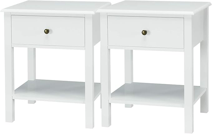 Giantex Nightstand Set of 2, 2-Tier End Table with Drawer and Open Storage Shelf, Modern Bedside Tables, Wooden Side Table Night Stand for Bedroom, Dorm, Small Spaces, Easy Assembly, White
