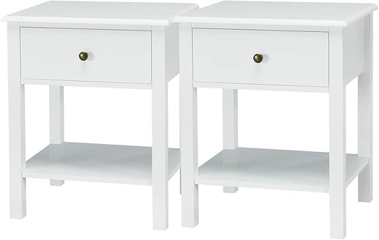 Giantex Nightstand Set of 2, 2-Tier End Table with Drawer and Open Storage Shelf, Modern Bedside Tables, Wooden Side Table Night Stand for Bedroom, Dorm, Small Spaces, Easy Assembly, White