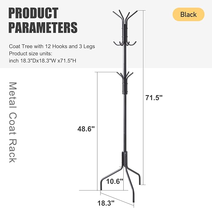 Coat Rack Freestanding,hat and coat rack stand for entryway,Living Room,Bedroom,Metal coat tree with12 Hooks and 3 Legs (Black)-NeatNest