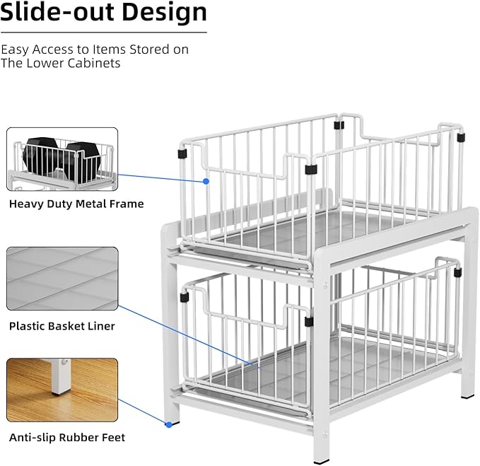 2 Tier Sliding Basket Drawer Organizer, Pull Out Under Sink Cabinets Organizers, Metal Home Shelf for Bathroom or Kitchen, Sliding Countertop or Pantry Storage Shelf, Large White-NeatNest