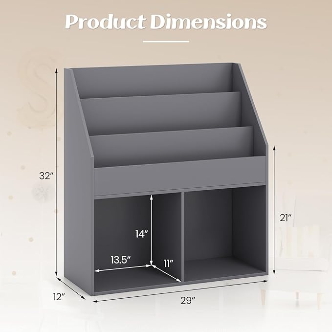 Costzon Kids Bookshelf, Wooden Toy Storage Cabinet Organizer w/Shelves, 2 Large Cubes & Anti-Tipping Devices, Children Bookcase Display Sling Book Rack for Kids Room, Nursery, Kindergarten (Gray)-NeatNest