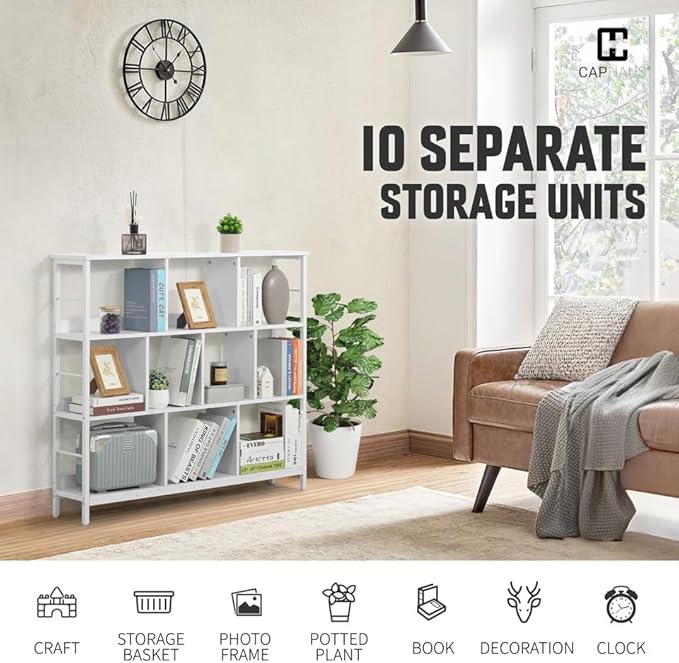 CAPHAUS 10 Cube Storage Organizer, 48” Wide 3 Tier White Industrial Open Shelf Bookcase, Display Shelf, Horizontal Bookshelf with Metal Frame, Wooden Board, for Living Room, Bedroom, Office-NeatNest