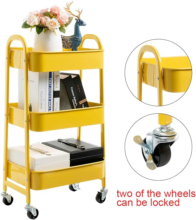 AGTEK Makeup Cart, Movable Rolling Organizer Cart, 3 Tier Metal Utility Cart, Yellow-NeatNest