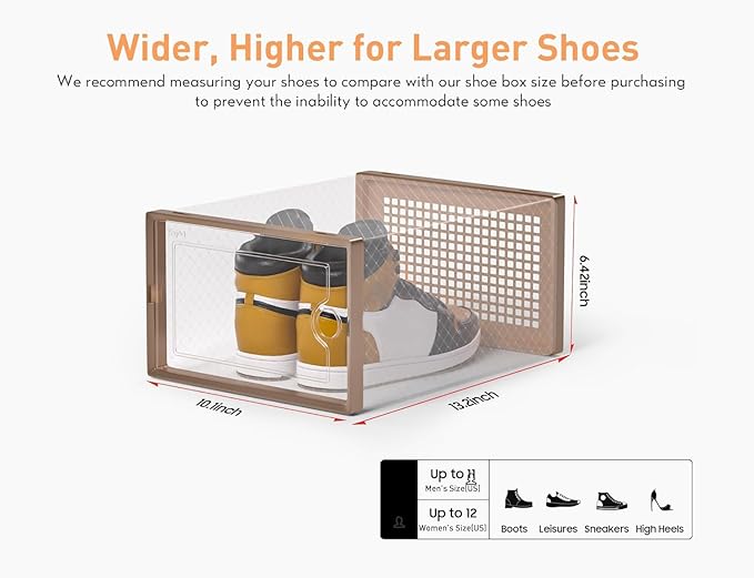 Kuject X-Large Shoe Storage Boxes Organizers for Closet 12 Pack, Fit Size 11,Clear Plastic Stackable Sneaker Containers for Entryway, Space Saving Shoe Rack,Substitute for Drawer Organize Unit, Brown-NeatNest