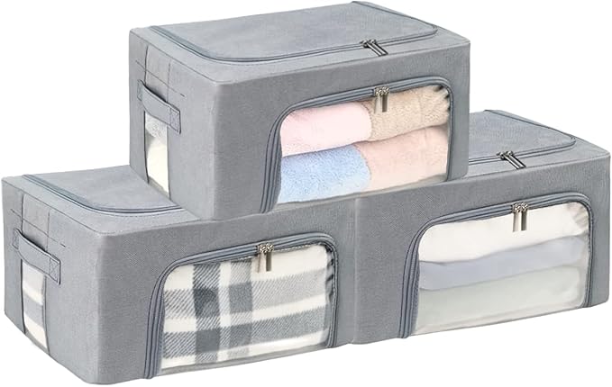 Clothes Storage Box Bins Stackable Foldable Organizer,Sturdy Handles with Metal Frame for Clothing Bedding Shelves,Closet Container with Clear Window Zipper and Label Holder (Gray, 22L x3 Pack)-NeatNest