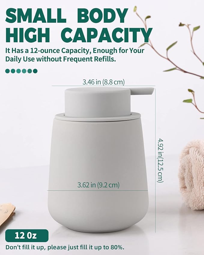 Bosilunlife Soap Dispenser Bathroom - Light Grey Ceramic Soap Dispenser Lotion Pump Dish Soap Dispenser for Kitchen 12oz Refillable Liquid Hand Wash Dispenser for Bathroom (Rubber Paint)-NeatNest