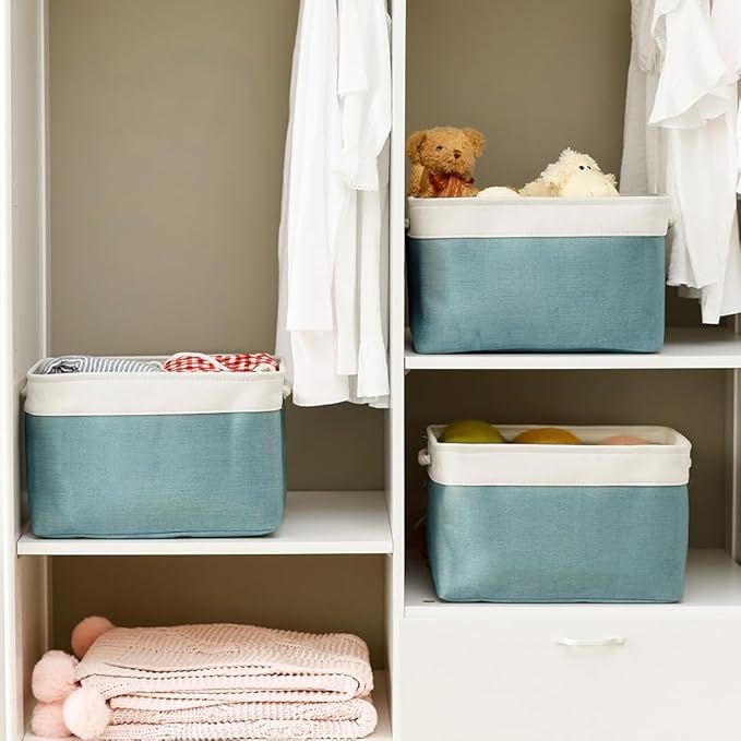 TheWarmHome Organization and Storage basket for Organizing - 3 Pack 16x12x12 inch Cube Storage Bin for Shelves, Fabric Storage Cubes for Organizer Cloth Closet Toy Box (White & Green)-NeatNest