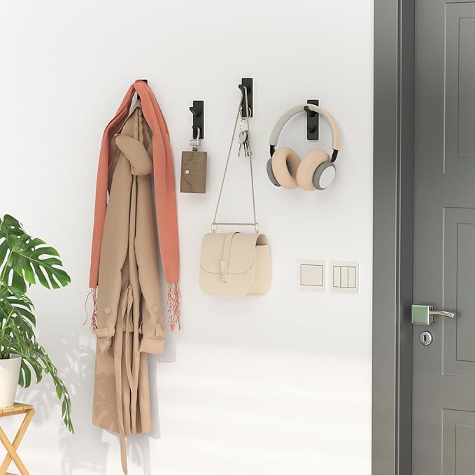 10-Pack Wall Hooks for Coat Towel: 13LB Adhesive Door Hanger Stick on, Black