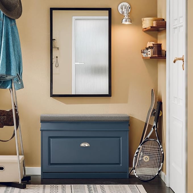 Haotian Shoe Storage Bench with Cushion, Navy Narrow Shoe Rack for Entryway, Small Shoe Cabinet with 2 Tiers Flip-Drawer, Closet Hallway Mudroom FSR82-L-B-NeatNest