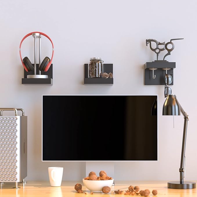 7-Pack Small Floating Shelves for Wall by RicherHouse, Plastic Black Shelf 4 Inch Display Ledges Room Decor, Mini with 2 Types of Installation (Adhesive or Screw)-NeatNest