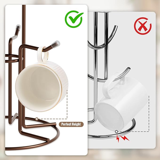 HULISEN Mug Holder for Large Cups, Mug Tree for Counter with 6 Hooks, Metal Coffee Mug Stand for Easy Pick, Place and Display, Coffee Bar Accessories and Decor, Free Standing Mug Rack, Brown-NeatNest