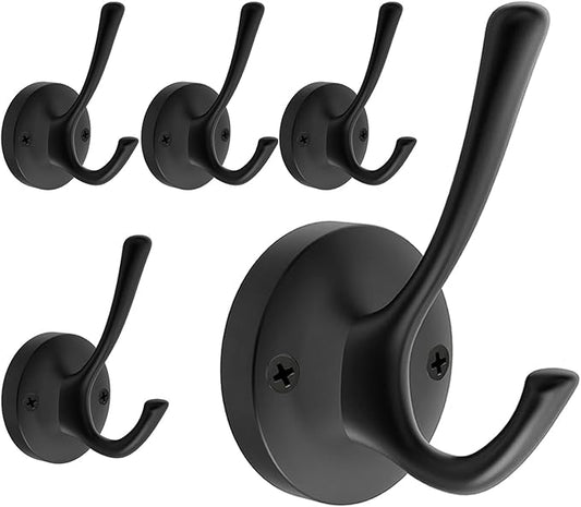 Black Towel Hooks for Wall, 5 Pack Coat Robe Hook Heavy Duty Metal Double Bath Hook Wall Mounted, Hat Hooks for Cubicle Bathroom Kitchen Closet Garage-NeatNest