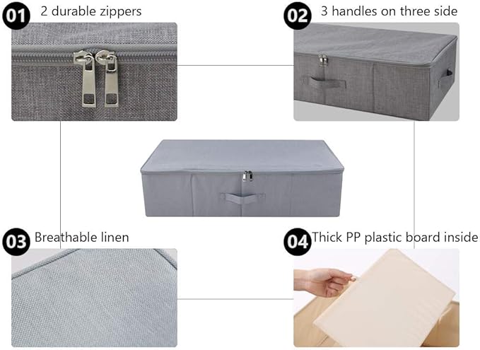 Folding Washable Rigid Underbed Storage Boxes with Zip Lid for Garment, Clothing, Blankets for Bedroom, College Dormroom, Wardrobe, Shelf Baskets, Pack of 3, Black Gray-NeatNest