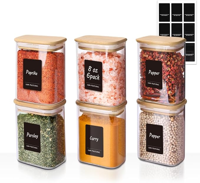 Comsaf Spice Jars with Label，8 oz Small Glass Jars with Lids, 6 Pcs Seasoning Containers, Rectangle Glass Containers with Lids, Empty Seasoning Jars for Pantry Storage, Loose Tea, Herbs, Powders, Salt-NeatNest