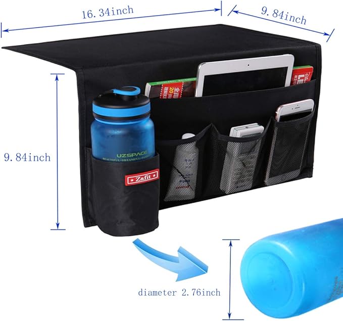 5 Pockets Bedside Caddy, Bedside Storage Organizer for Water Bottles, Magazines, Phone, Glasses (5 Pockets-Black)-NeatNest