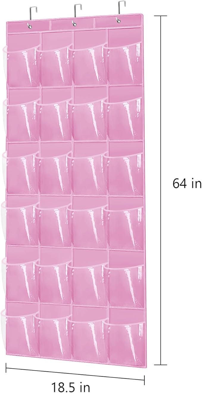 Over The Door Shoe Organizer - Space Saving Shoe Rack for Closet Door with 24 Pockets and Hook, Shoe Holder Back of Door Organizers for Shoes, Hanging Shoe Organizer (Pink)-NeatNest