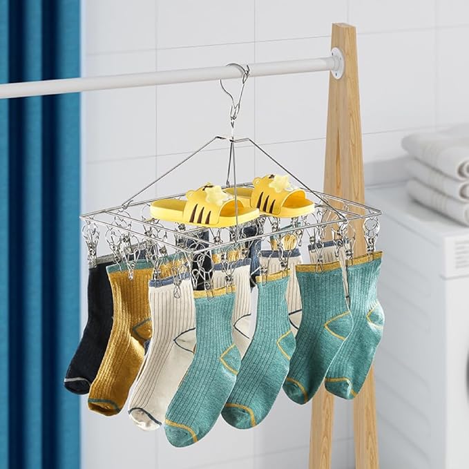 2 Pack Stainless Steel Sock Drying Rack with 80 Clips,360° Rotatable Windproof Hook Clothes Hanger Rack for Herb,Bras,Underwear,Baby Clothes,Hat,Scarf,Pants,Gloves,Towel and Laundry Accessories-NeatNest