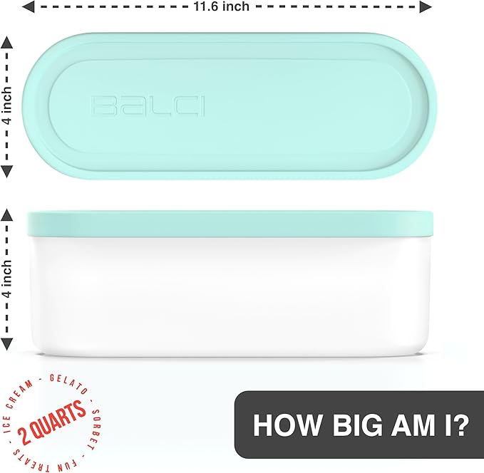 BALCI - Ice Cream Container - 2 Quart - Perfect Reusable Freezer Storage for Homemade Ice Cream Tubs for Sorbet, Frozen Yogurt and Gelato! - Flexible Silicone Lids, Long Scoop, Stackable - Mint