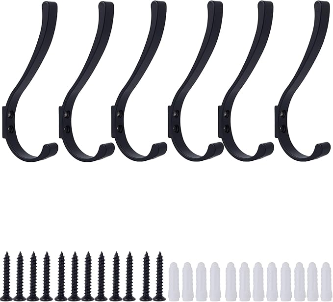 6 Pack Hanging Coat Hooks Wall Mount, Coat Hanger Wall Hangers, Metal Hooks for Hanging Heavy Duty, Screw in Hooks for Hanging Towels, Clothes, Backpack, Hat, Bag, Jacket, Key, Robe, Backpack Black
