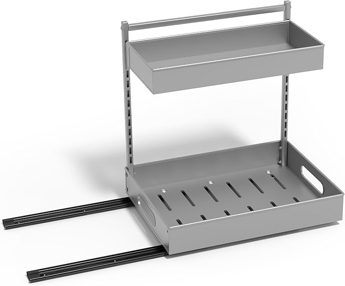 Sorbus Under Sink Organizer with Sliding Tracks – Pull Out Cabinet Organizer with Drawer & Installation Rails – Under Cabinet Bathroom Storage Organizer for Kitchen, Pantry, or Vanity –Silver 1 Pack-NeatNest