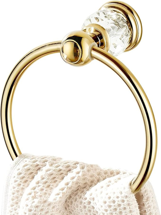 Gold Towel Ring - SUS304 Stainless Steel Wall Mounted Hand Towel Holder for Bathroom - Kitchen & Bathroom Towel Rack - Crystal Towel Hanger - Round Hand Towel Rack