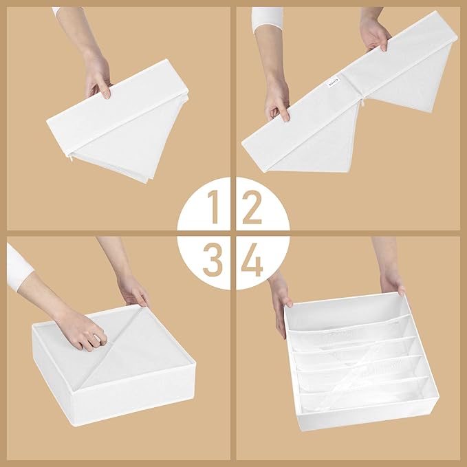 3 Pack Bra Underwear Drawer Organizer Dividers, 26 Cell Fabric Foldable Dresser Closet Organizers and Storage Boxes for Baby Clothes, Bra, Socks, Underwear, Ties (5+5+16 Slots, White)-NeatNest