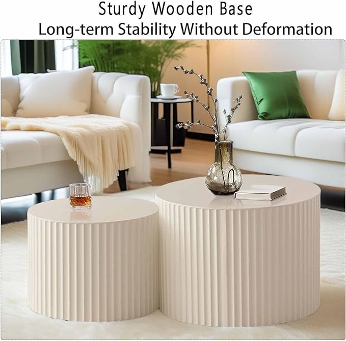 Modern Round Wooden Nesting Coffee Table Set of 2 Circle Tables with Non-Slip Feet, Accent Side End Table, Saving Space Design and No Need Assembly (HLARGE)